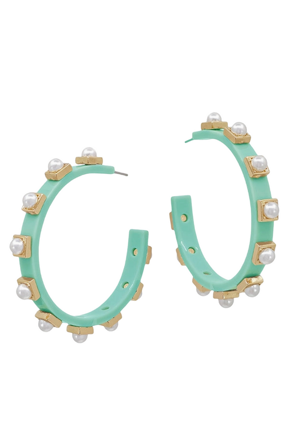 Mint and Pearl Acrylic Stud Hoops