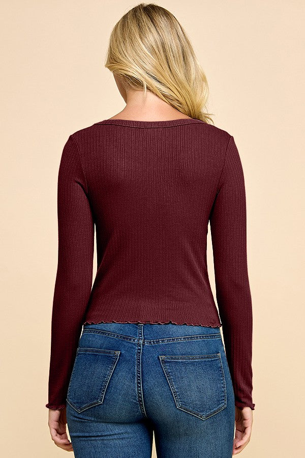 Round Neck Lettuce Hem Top - Marsala