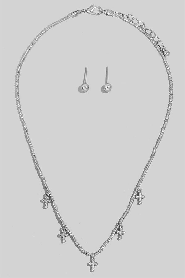 Mini Cross Beaded Necklace - Silver