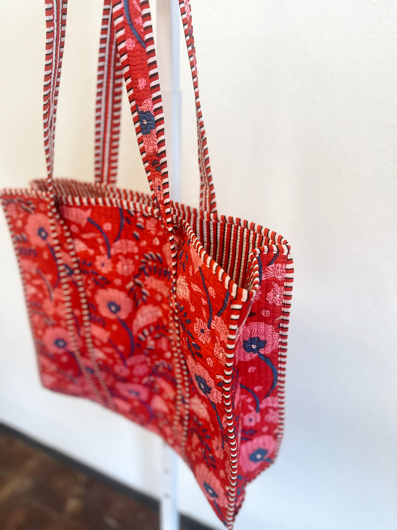 Scarlet Blooms Quilted Tote Bag