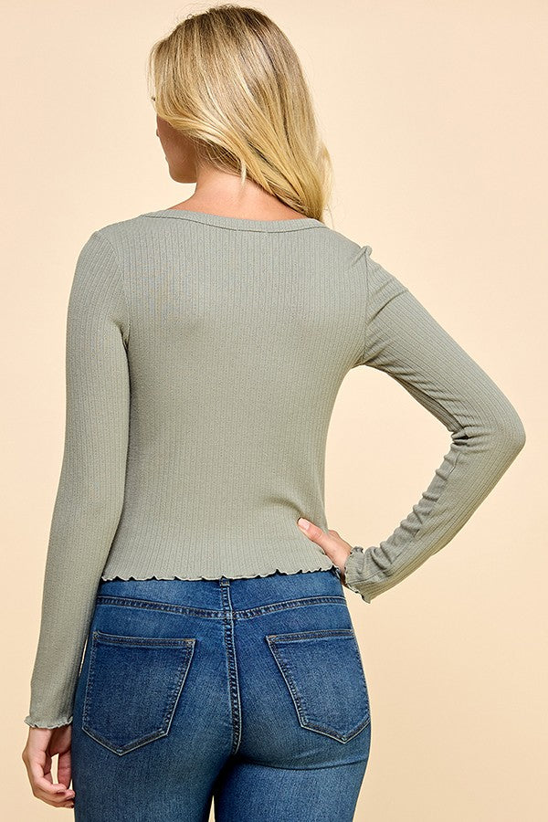 Round Neck Lettuce Hem Top - Olive