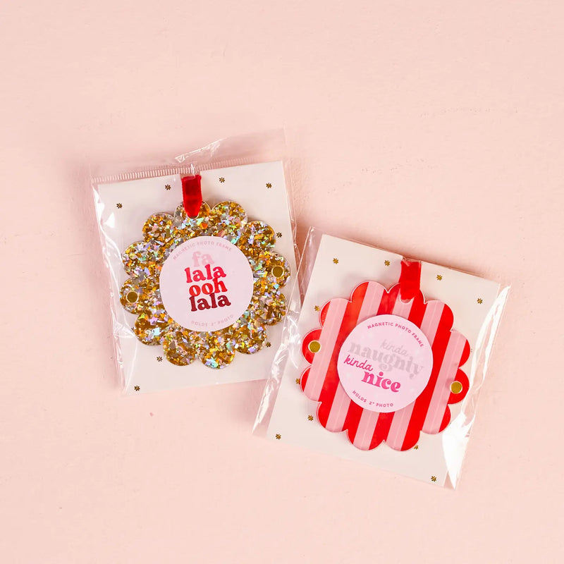 Scalloped Round Picture Frame Ornament - Peppermint Stripes