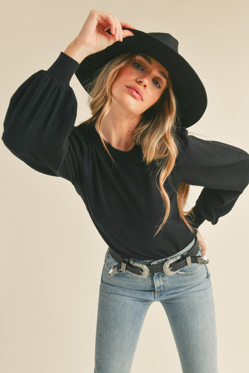 Pointelle Puff Sleeve Sweater - Black