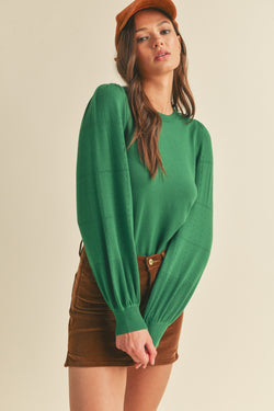 Pointelle Puff Sleeve Sweater - Green