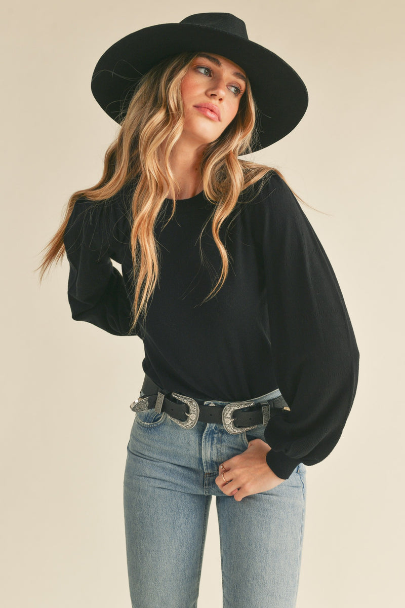 Pointelle Puff Sleeve Sweater - Black