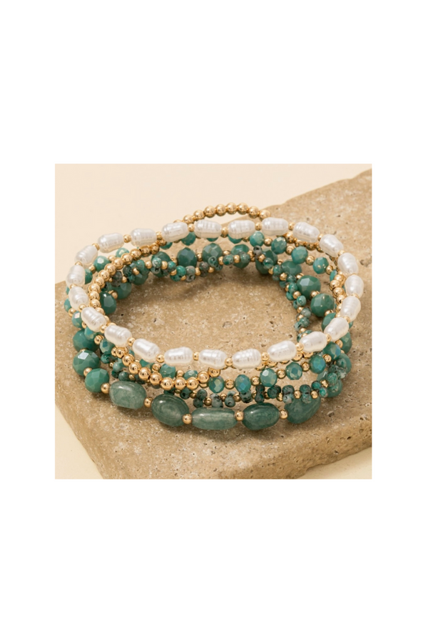 Pearl + Metallic Beaded Bracelet Set - Turquoise