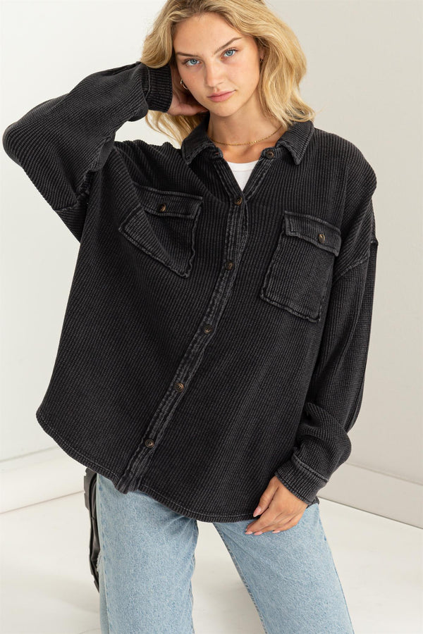 'Worth It' Waffle Shacket - Black