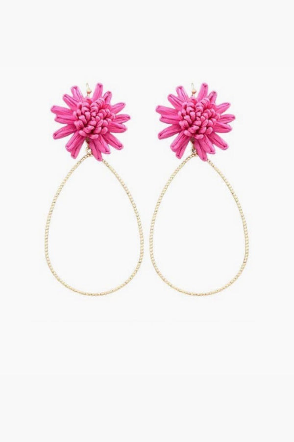 Pink Raffia Flower Teardrop Earrings