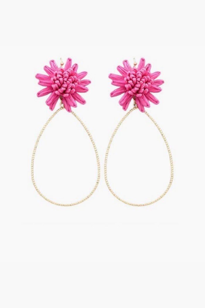 Pink Raffia Flower Teardrop Earrings