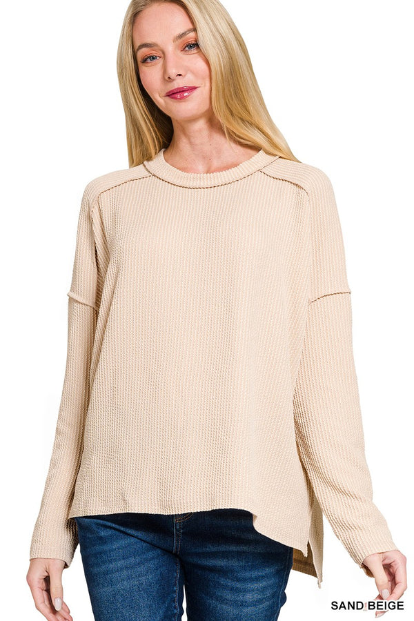 Ribbed Long Sleeve Top - Sand Beige