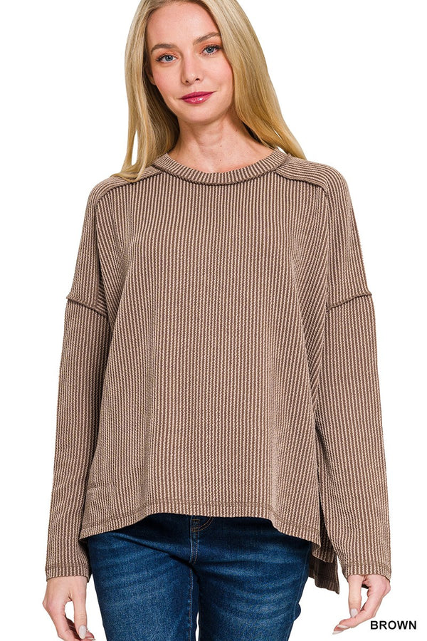 Ribbed Long Sleeve Top - Brown