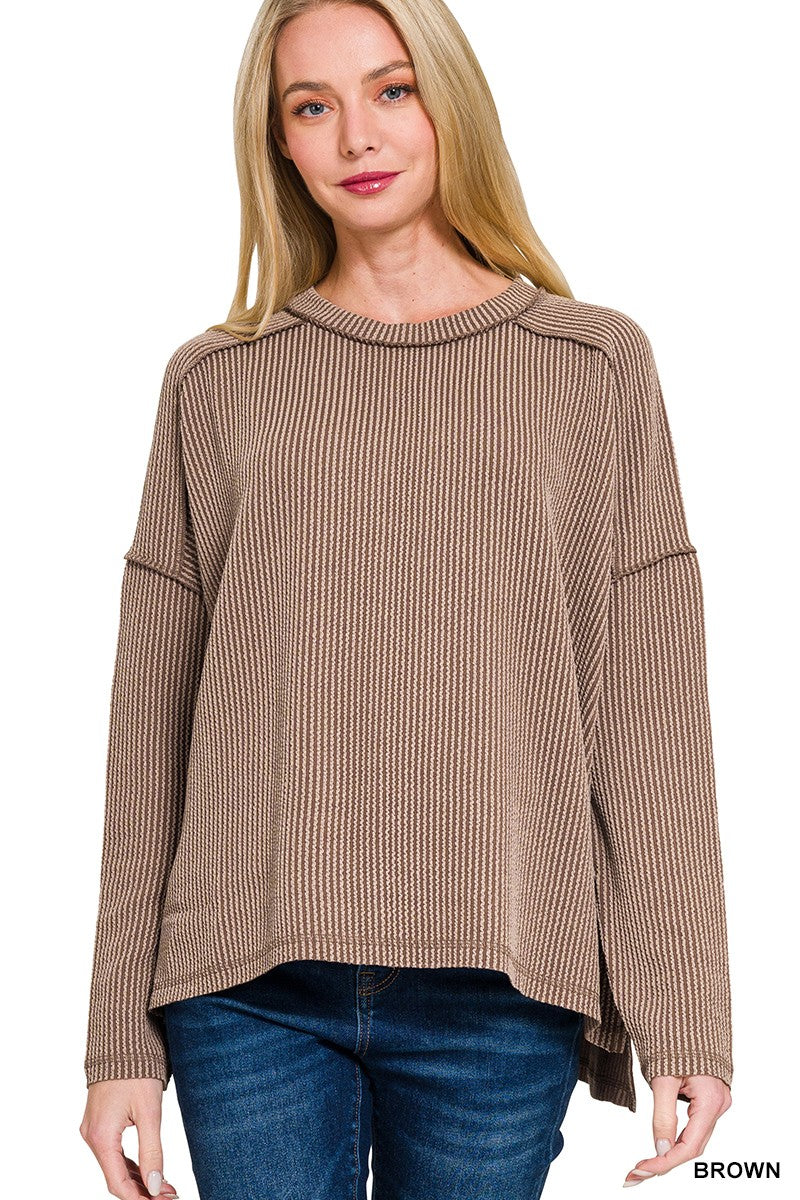 Ribbed Long Sleeve Top - Brown