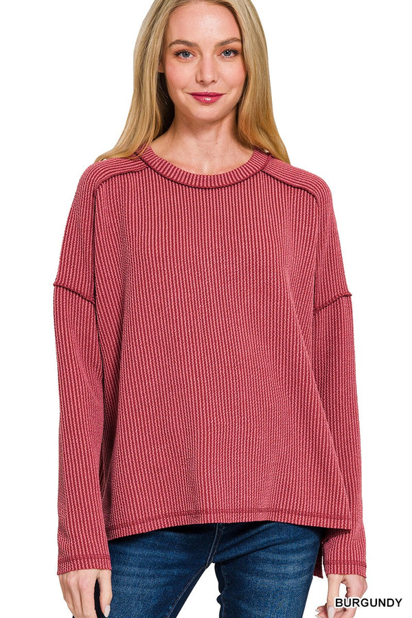 Ribbed Long Sleeve Top - Burgundy