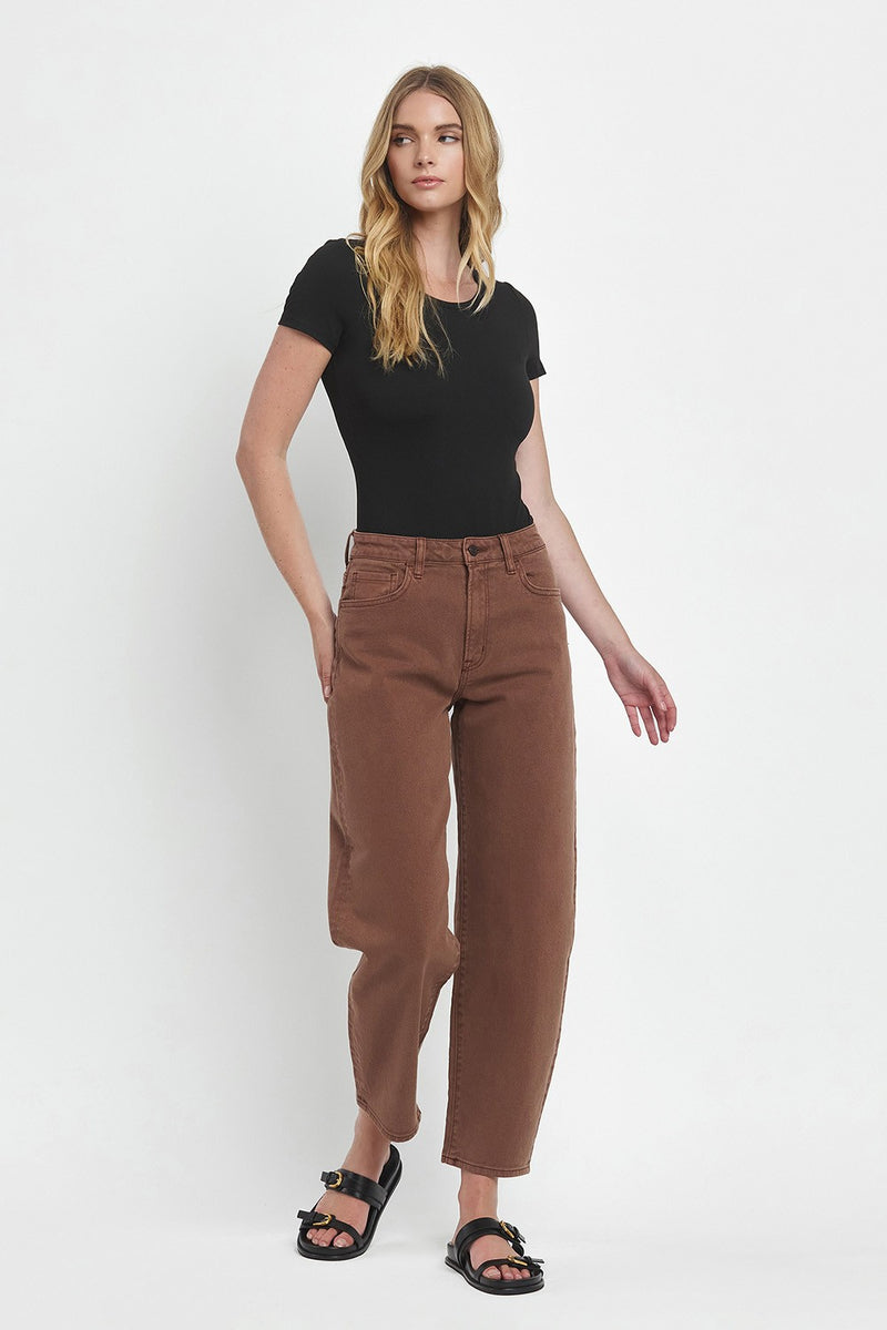 High Rise Brown Slim Barrel Jeans