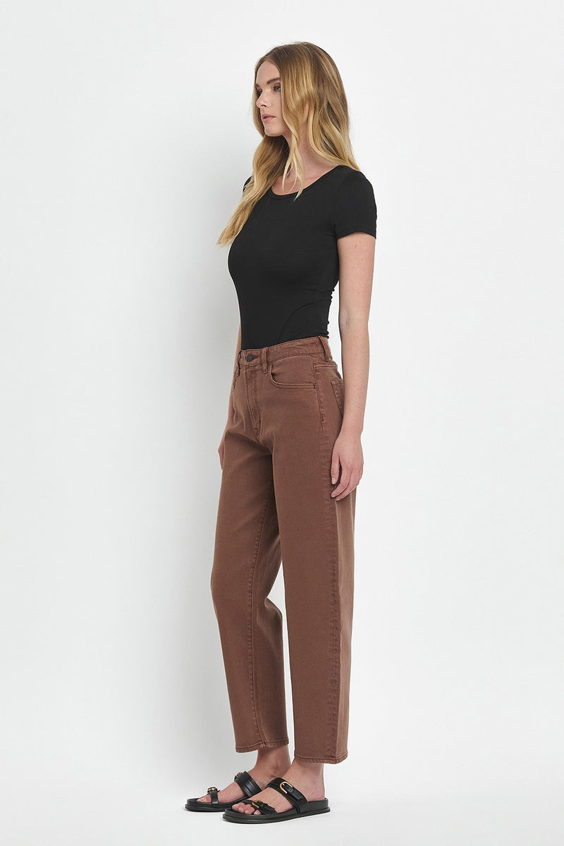 High Rise Brown Slim Barrel Jeans