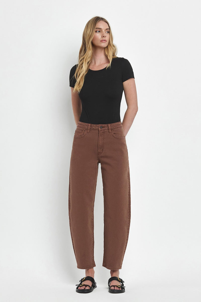 High Rise Brown Slim Barrel Jeans