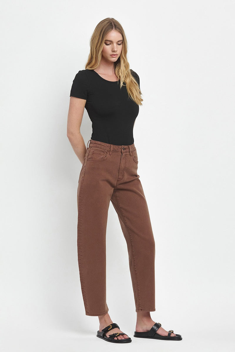 High Rise Brown Slim Barrel Jeans