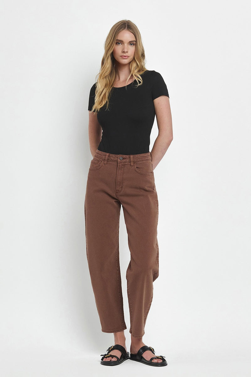 High Rise Brown Slim Barrel Jeans