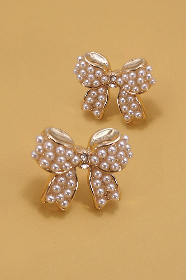 Mini Pearl Bow Ribbon Gold Earrings