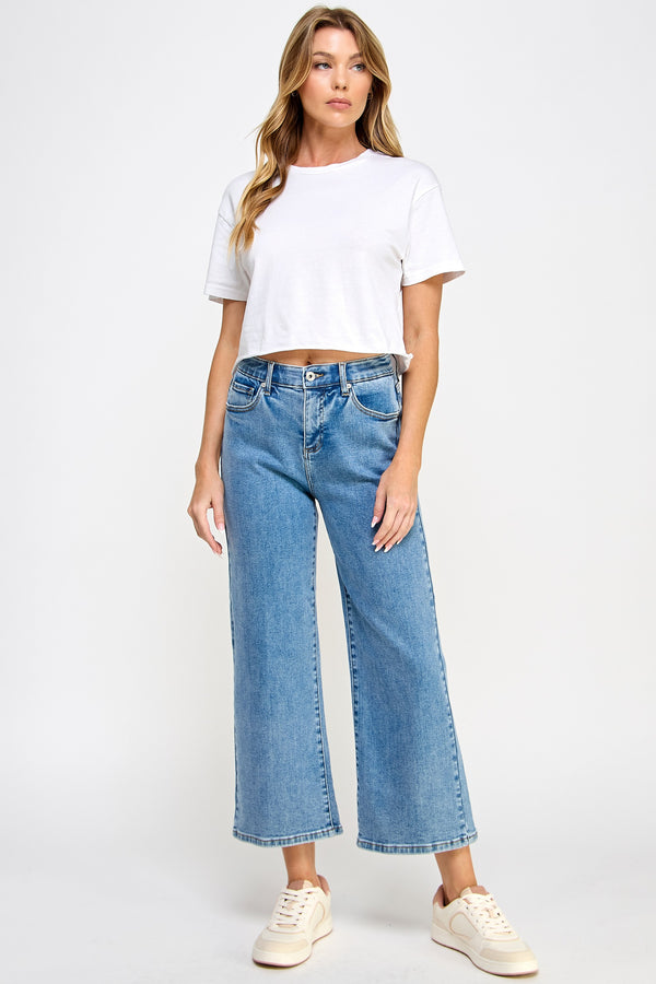 High Rise Tummy Control Crop Wide Leg Jean