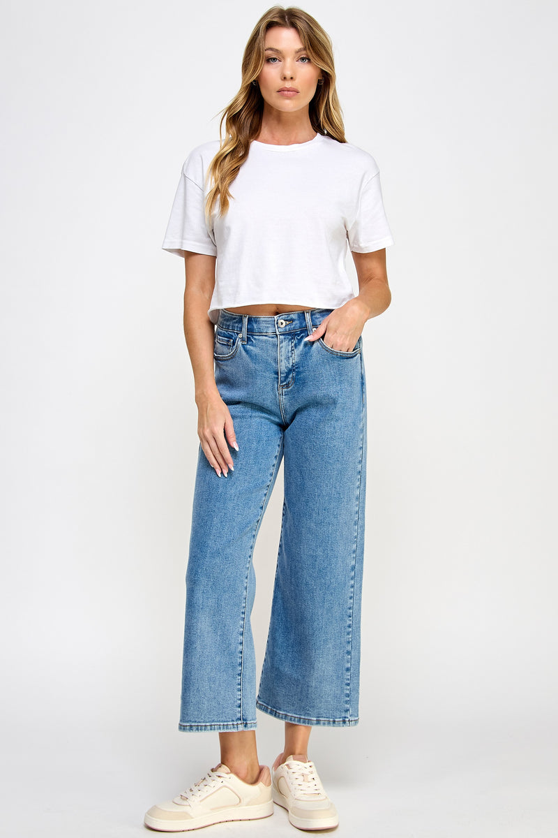 High Rise Tummy Control Crop Wide Leg Jean