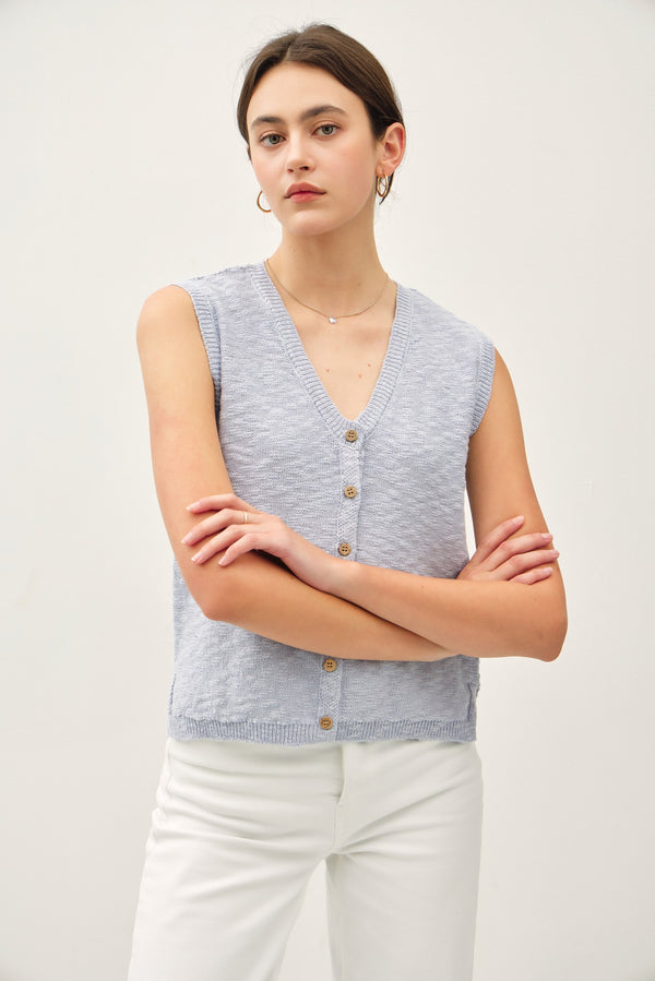 Cotton Slub Knit Button Up Sweater Vest