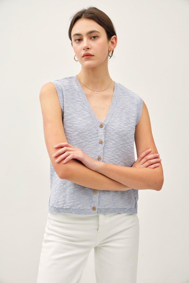 Cotton Slub Knit Button Up Sweater Vest