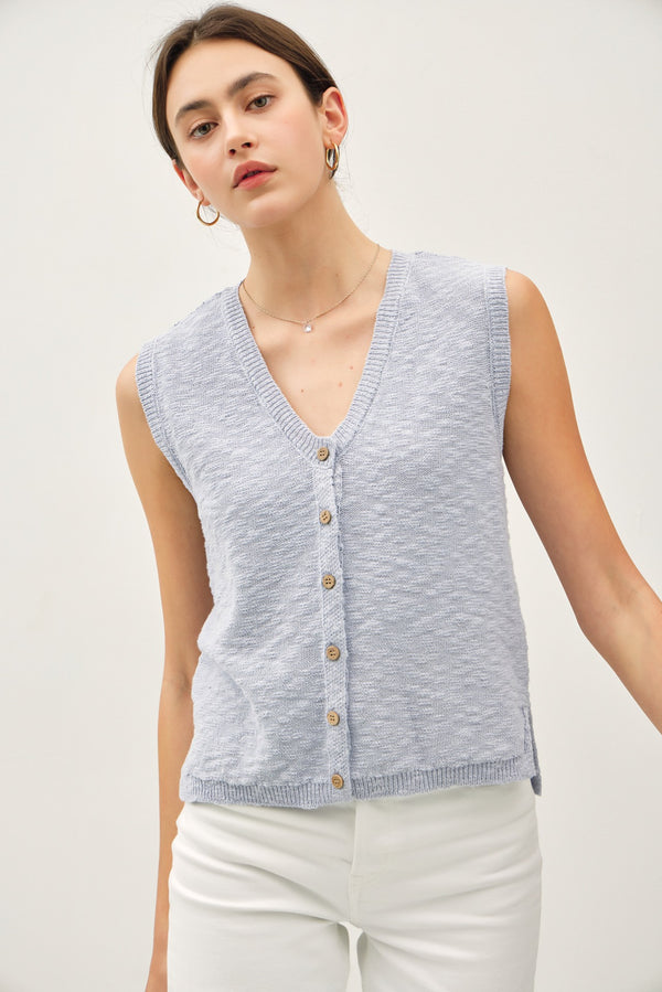 Cotton Slub Knit Button Up Sweater Vest