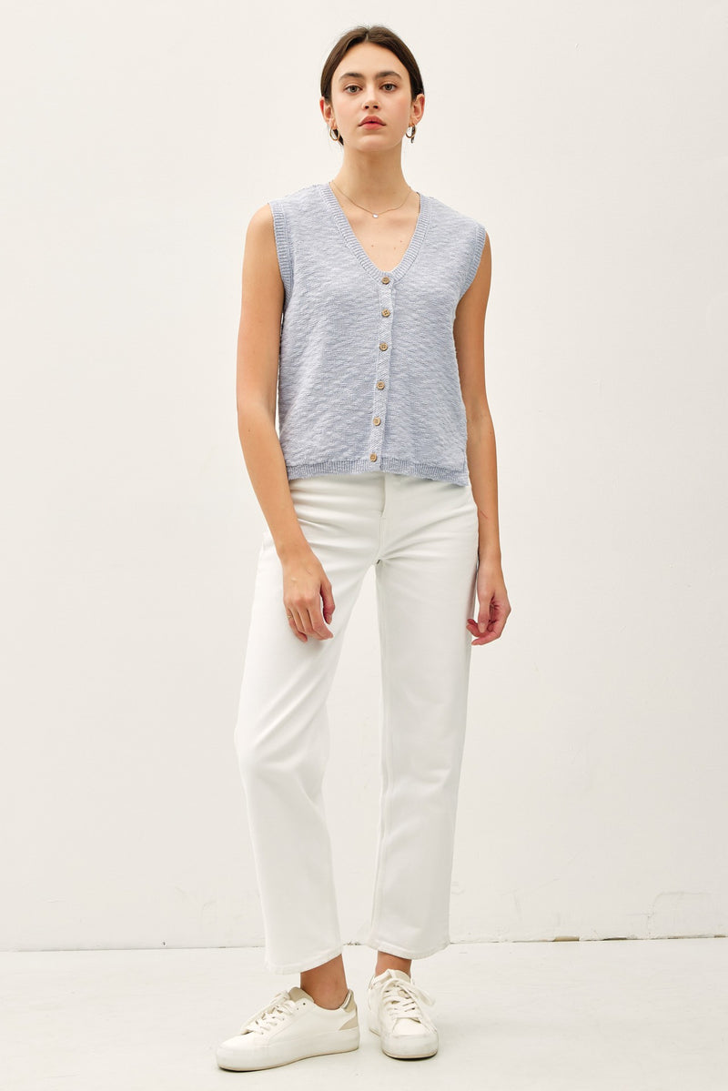 Cotton Slub Knit Button Up Sweater Vest