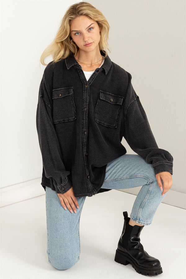 'Worth It' Waffle Shacket - Black