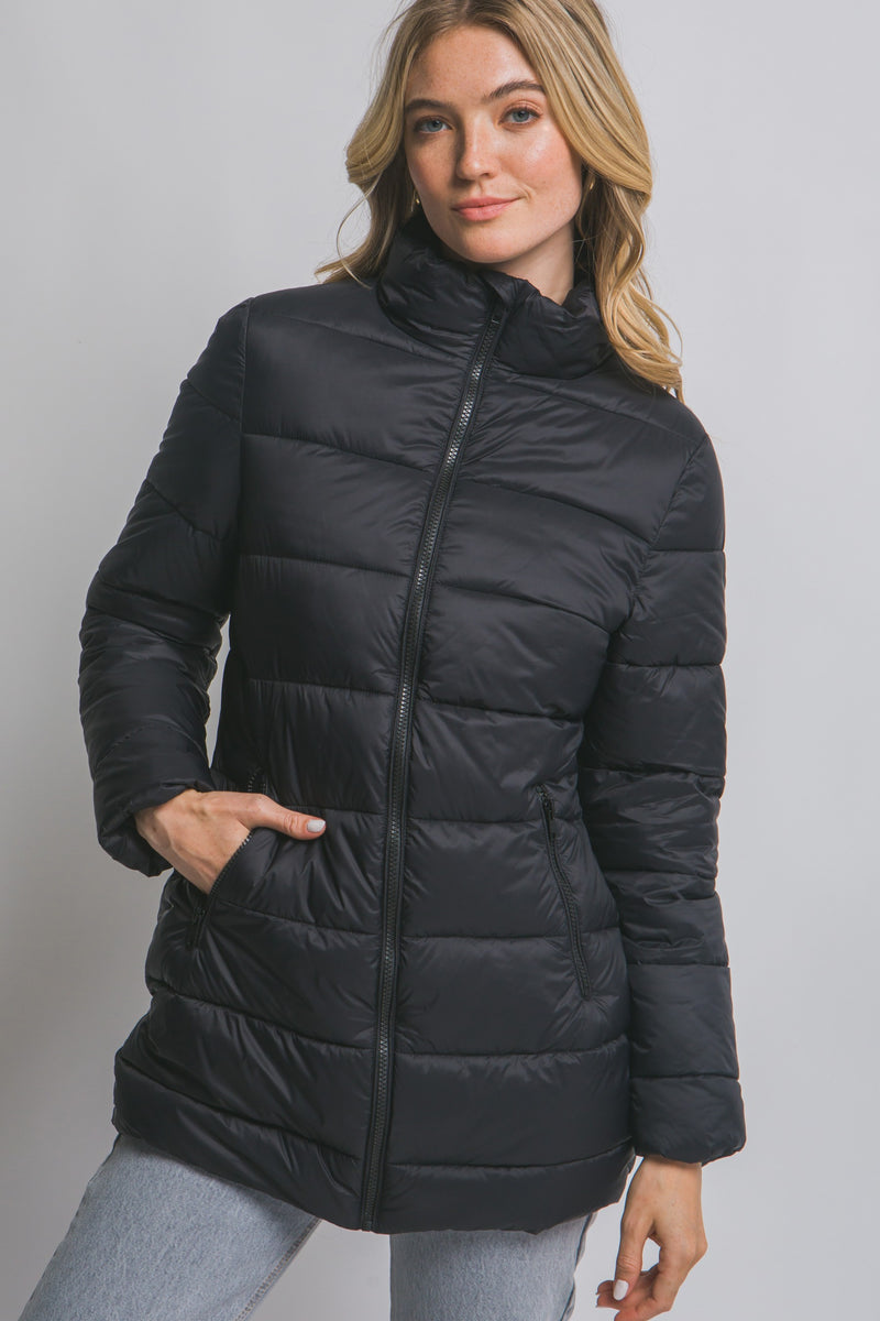 Long Quilted Puffer Jacket - Black