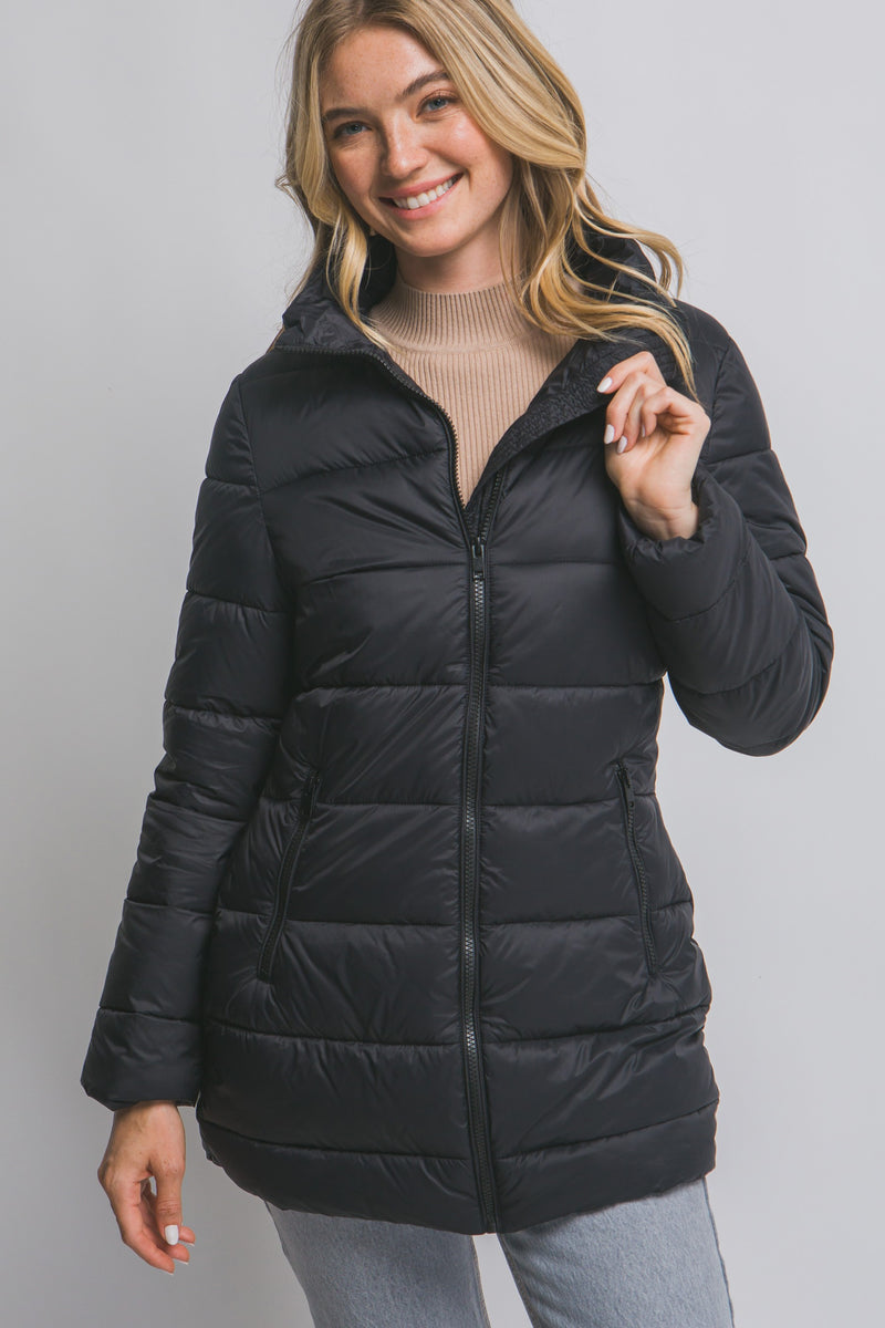 Long Quilted Puffer Jacket - Black
