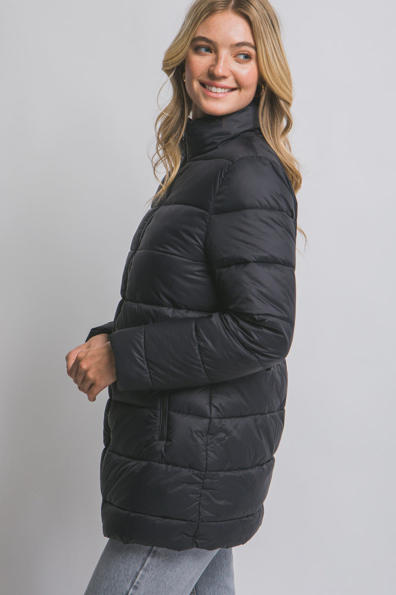 Long Quilted Puffer Jacket - Black