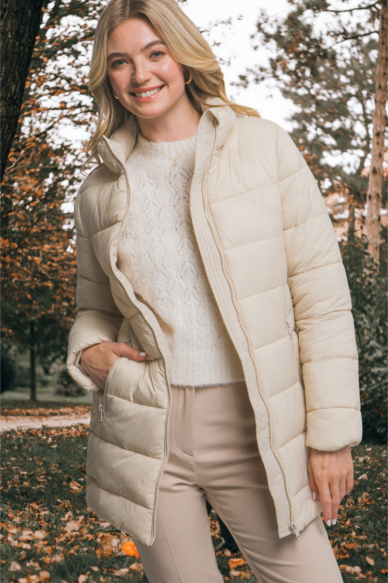 Long Quilted Puffer Jacket - Cream