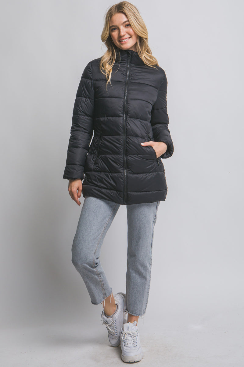 Long Quilted Puffer Jacket - Black