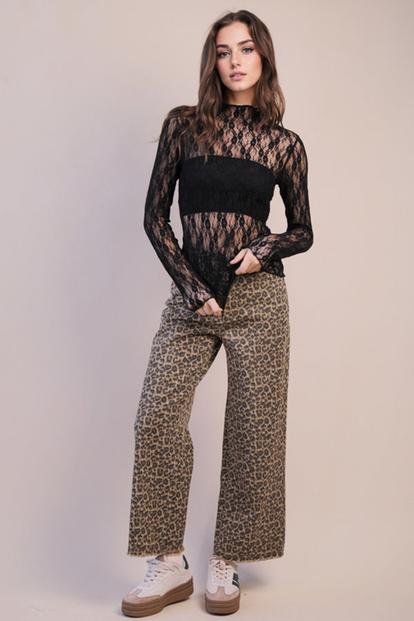 High Neck Sheer Mesh Lace Top - Black