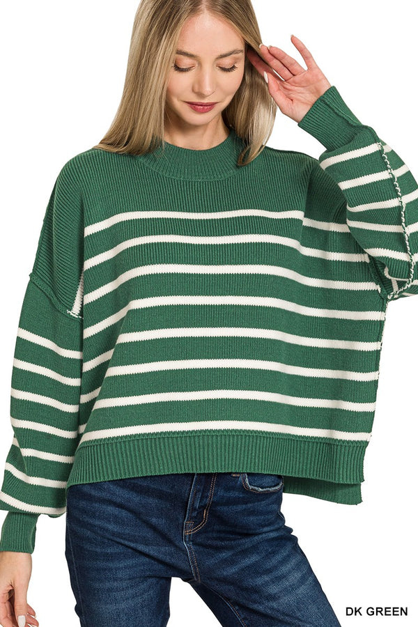 Oversized Striped Sweater - Dark Green