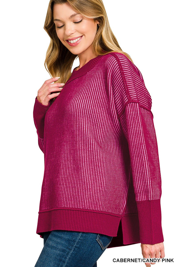 Exposed Seam Two-Tone Sweater - Cabernet