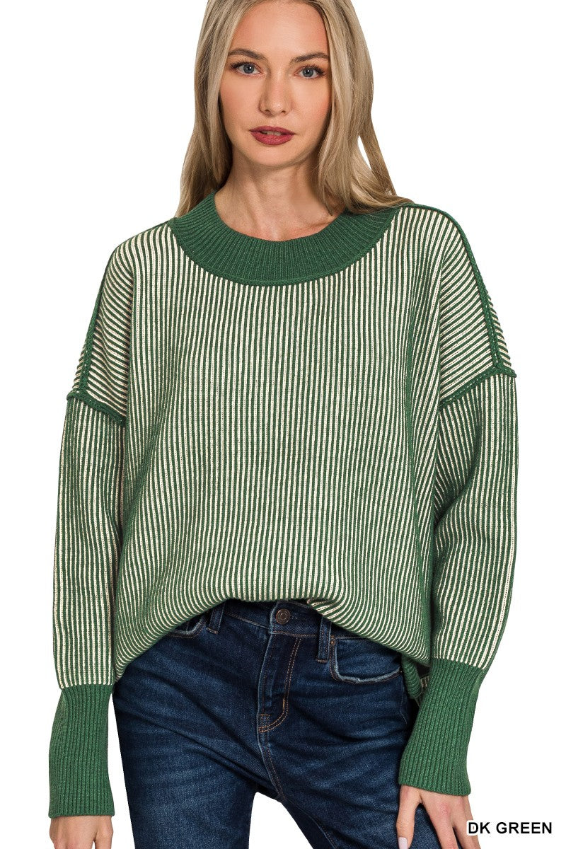 Exposed Seam Two-Tone Sweater - Green