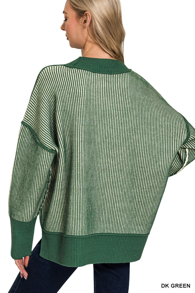Exposed Seam Two-Tone Sweater - Green