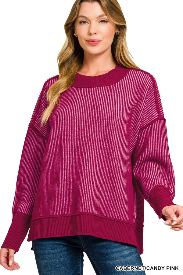 Exposed Seam Two-Tone Sweater - Cabernet