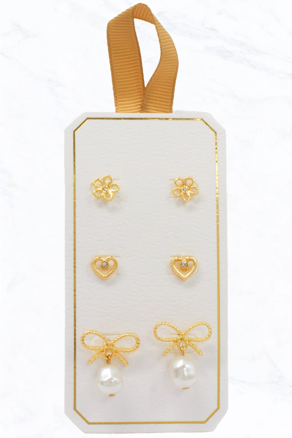 Flower, Heart + Pearl Bow Earring Set