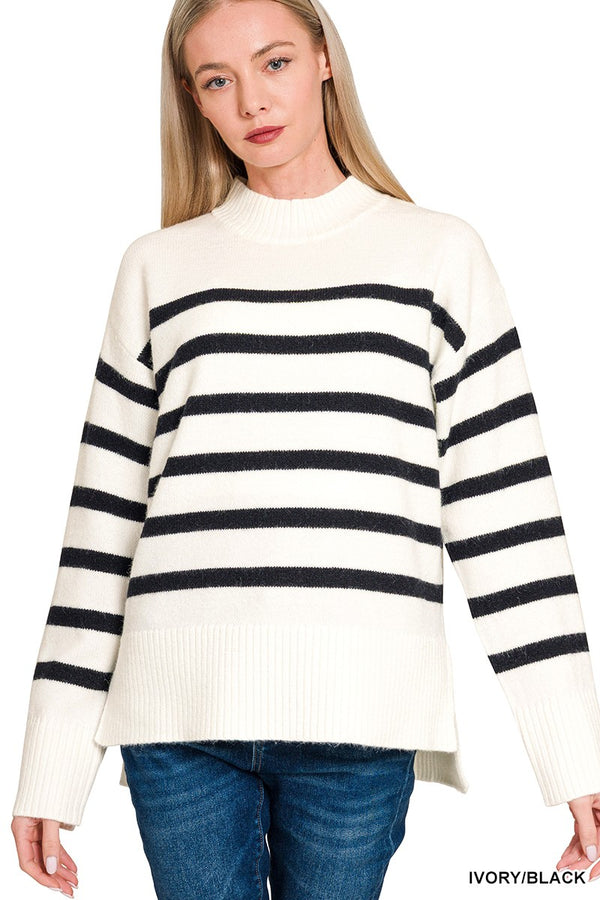 Mock Neck Striped Sweater - Ivory
