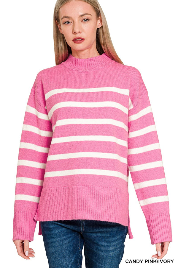 Mock Neck Striped Sweater - Pink
