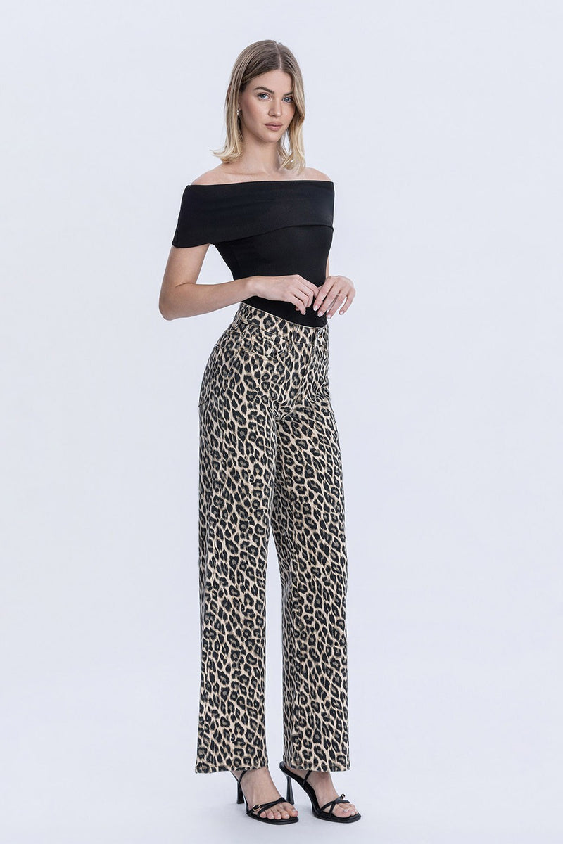 High Rise Leopard Print Wide Leg Jean