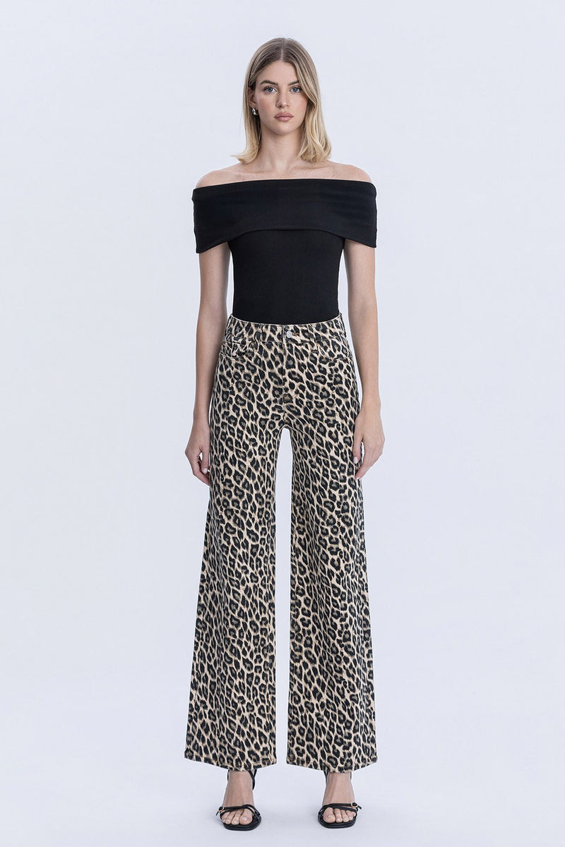 High Rise Leopard Print Wide Leg Jean