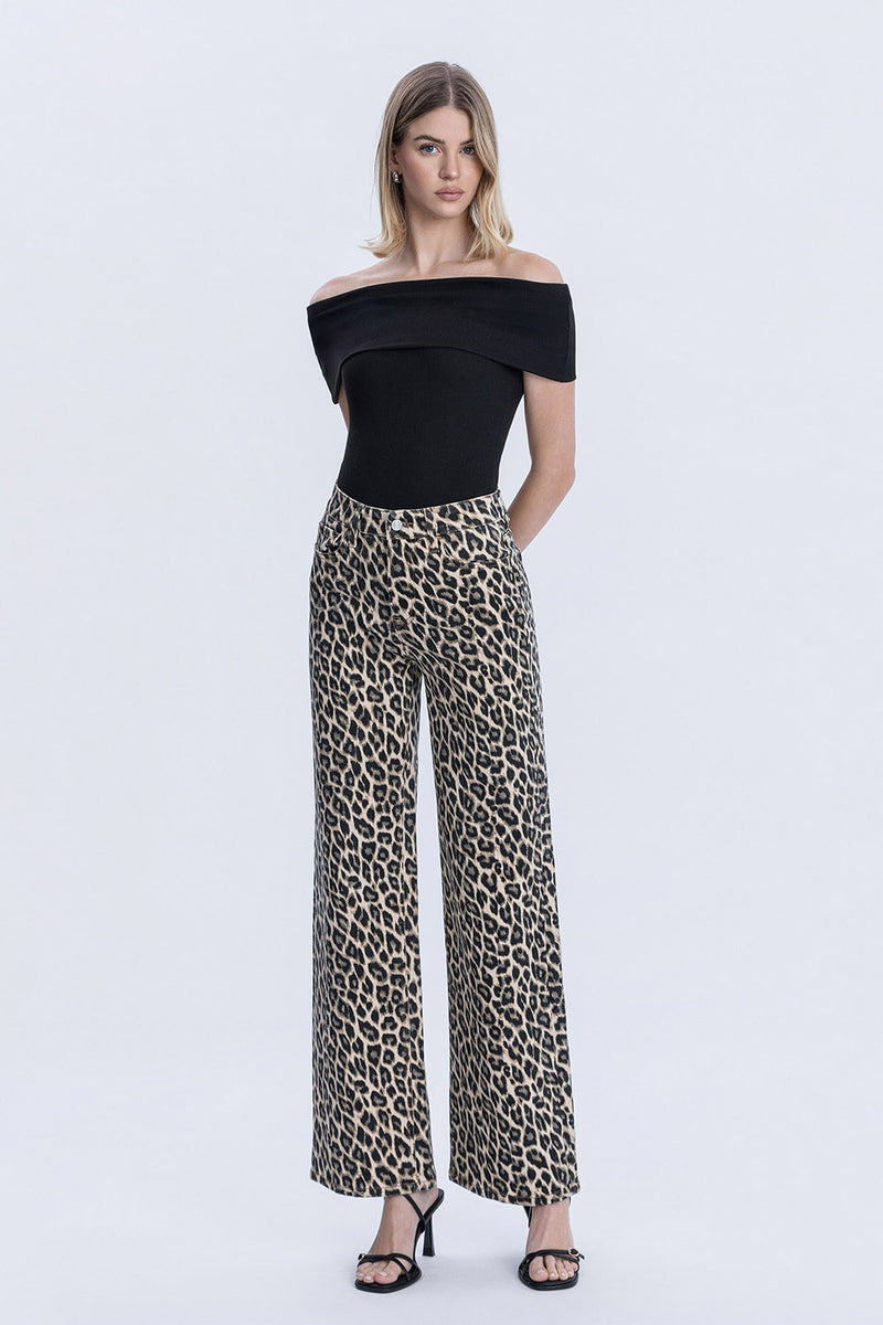 High Rise Leopard Print Wide Leg Jean
