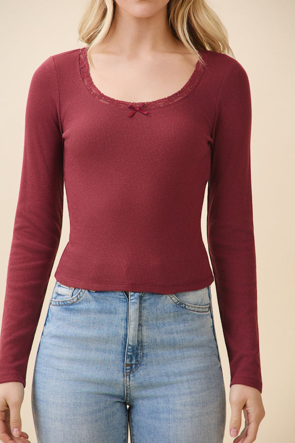 Lace Trim Bow Top - Wine
