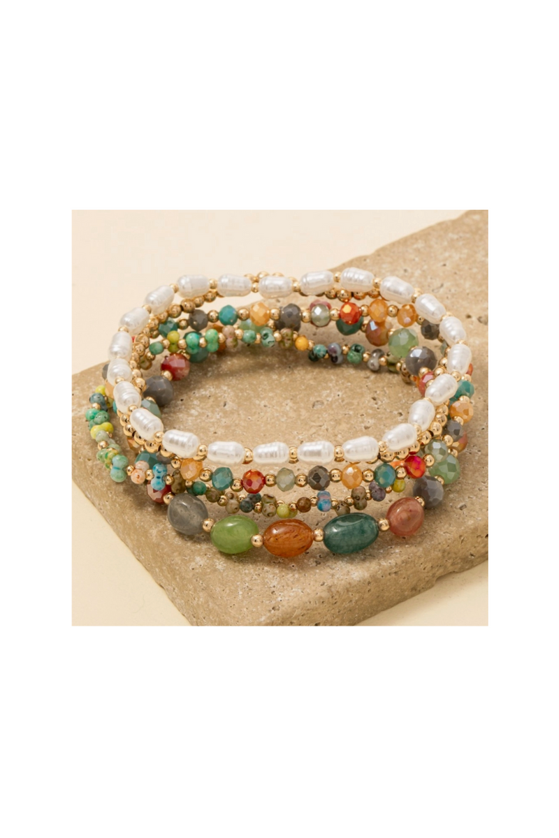 Pearl + Metallic Beaded Bracelet Set - Multi Color