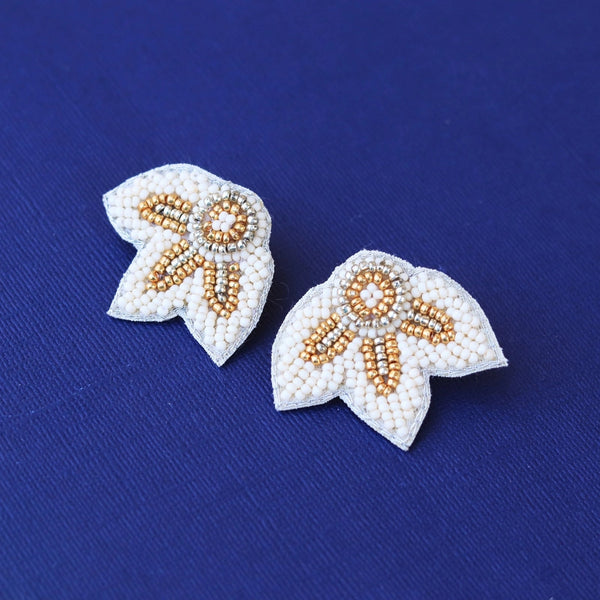Cream + Gold Beaded Flower Wing Earrings